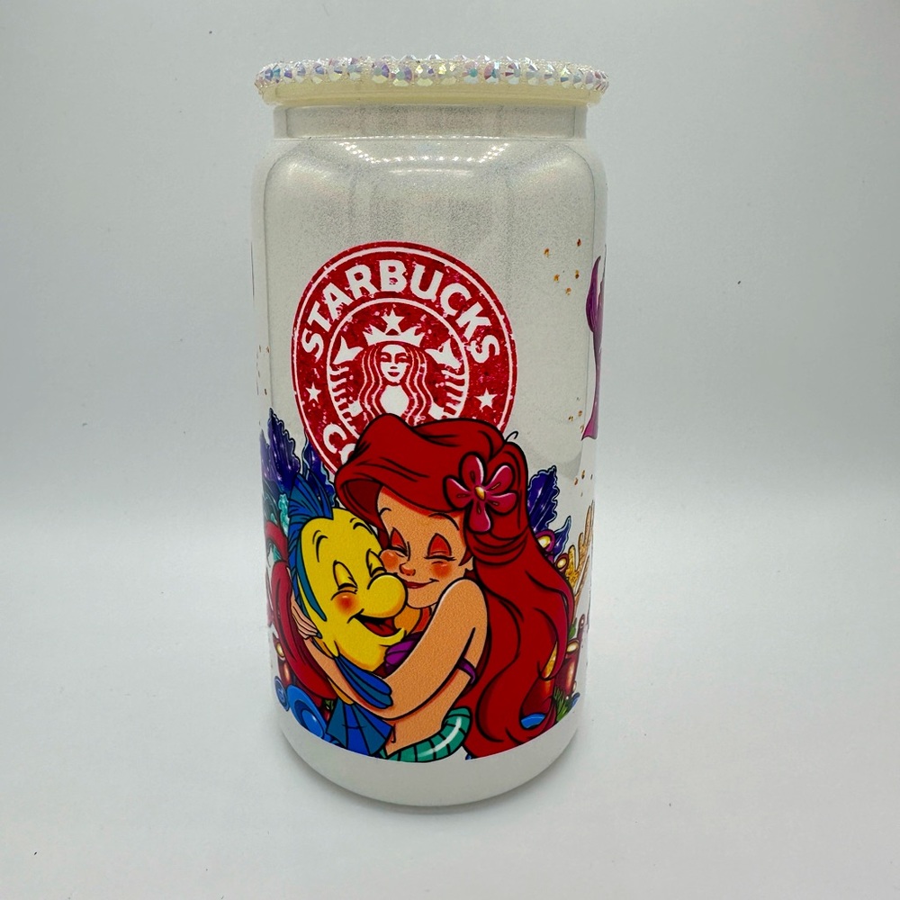 LITTLE MERMAID 🧜‍♀️ 16oz shimmer LIBBEY glass with rhinestone lid & straw